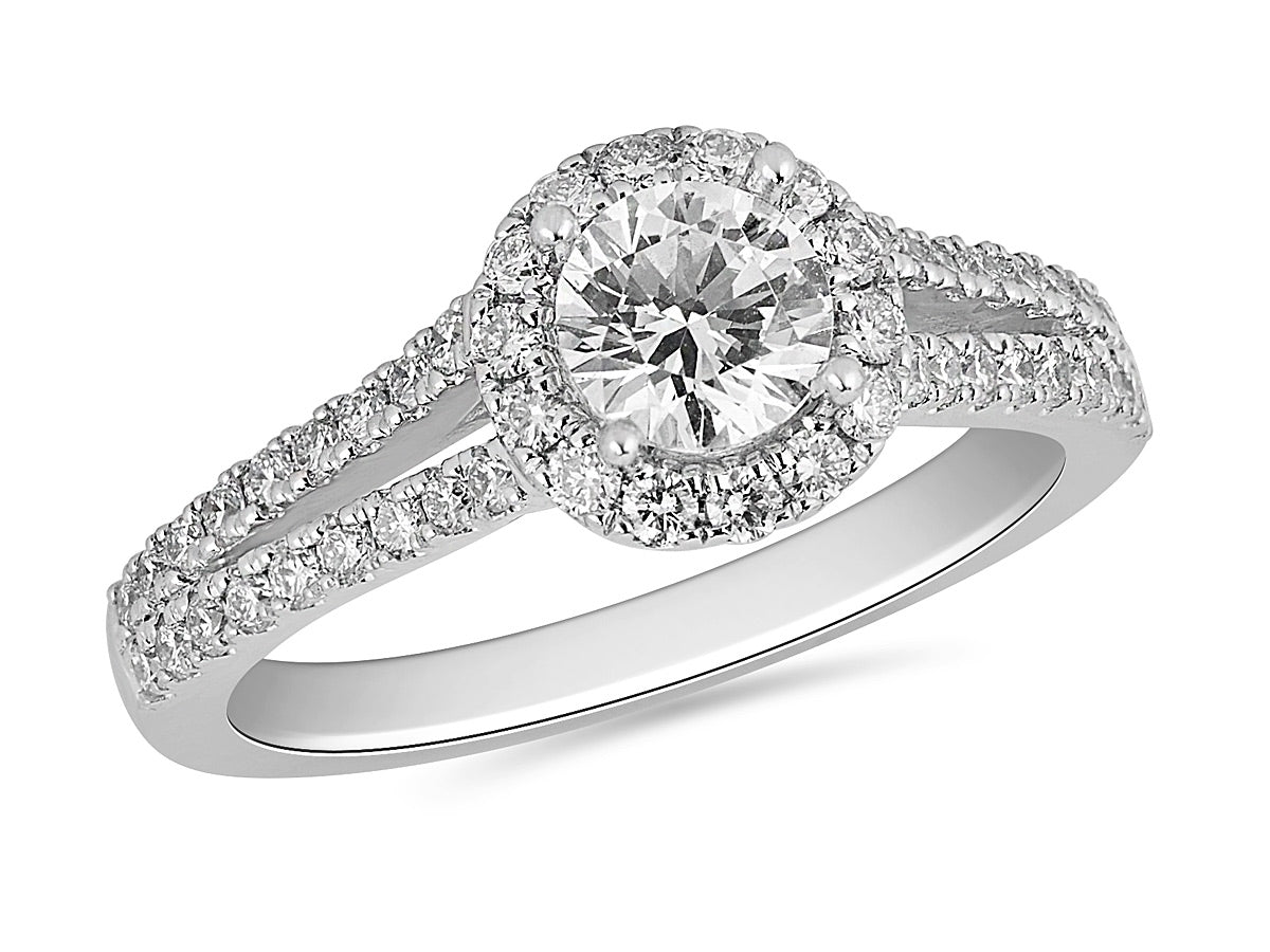 White Gold and Diamond Split Shank Round Halo Engagement Ring