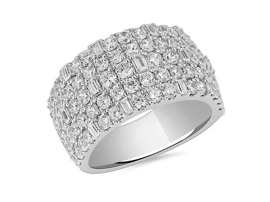 White Gold and Diamond Multi-Row Round and Baguette Ring